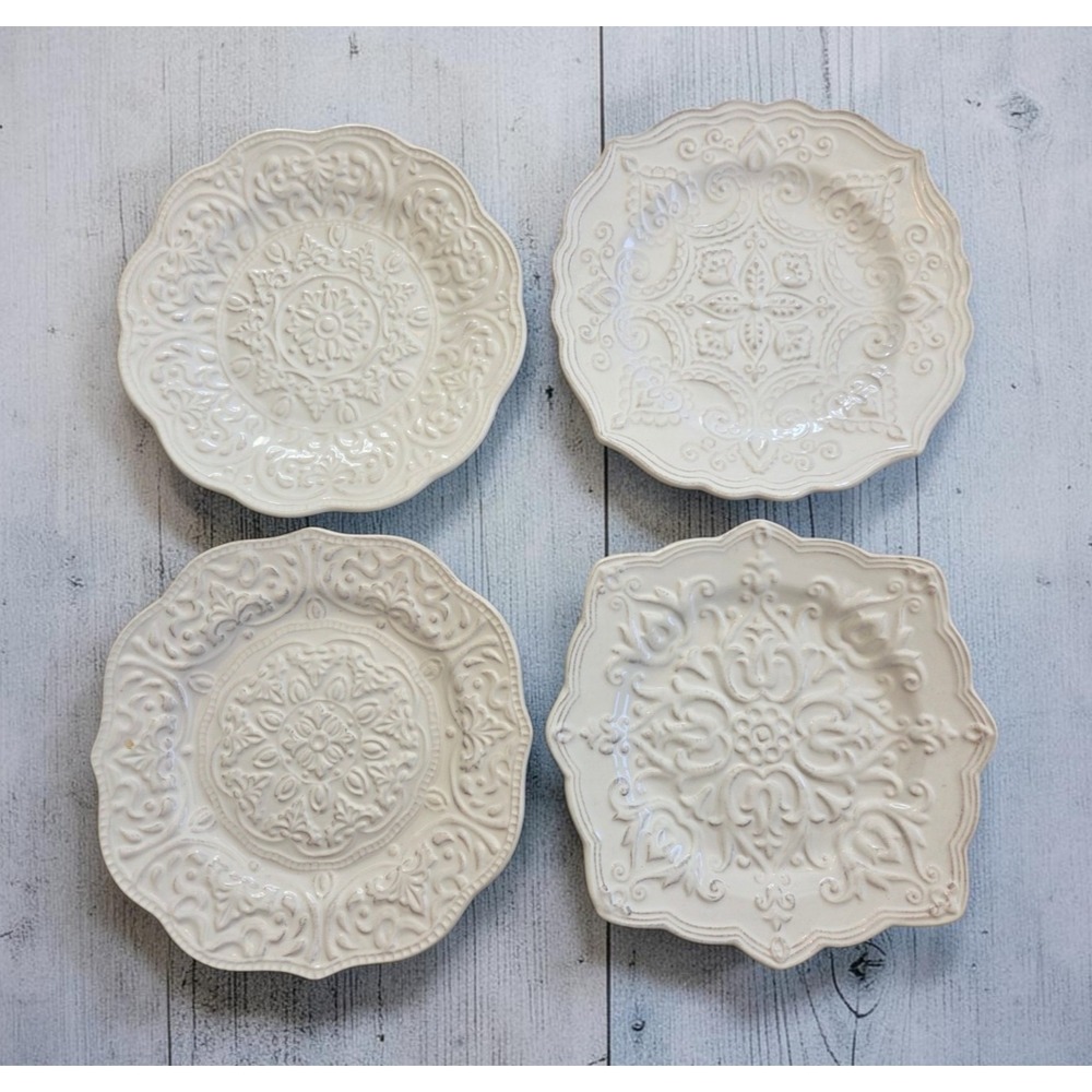 Set Of 4 Pier 1 Chateau Clair Scalloped White 8.5" Stoneware Salad Plates